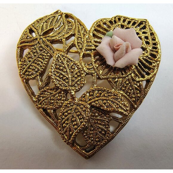 Vintage Gold Tone Leaf Filigree Heart Brooch Pin, Pink Porcelain Rose Romantic - Picture 2 of 4